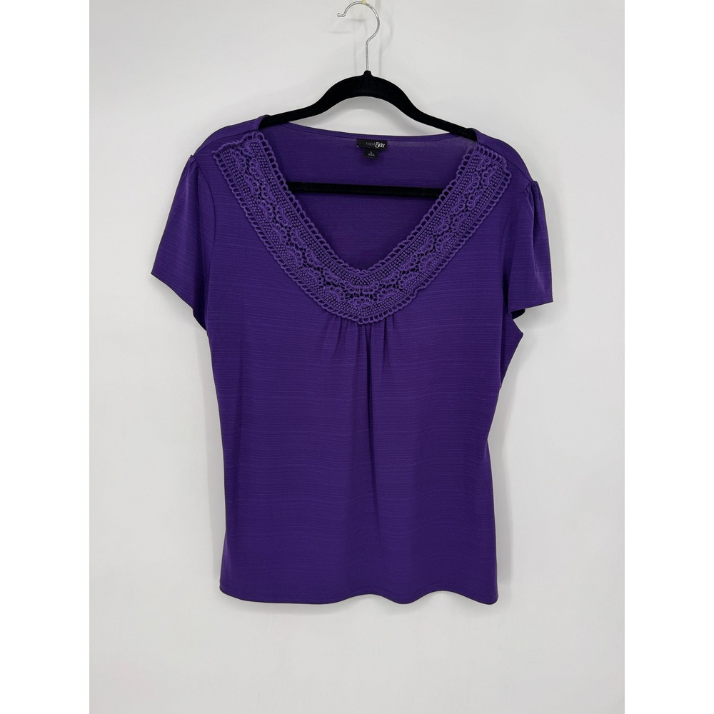 East 5th Blouse Womens Large Purple Excellent Crochet Lace V-Neck Short Sleeve